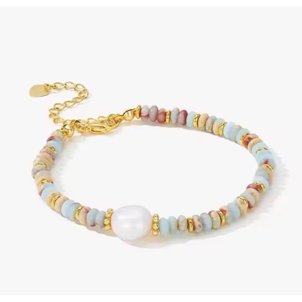 Freshwater Pearl Beaded Bracelet Gold Tone Adjustable Pastel Stone Beads Boho